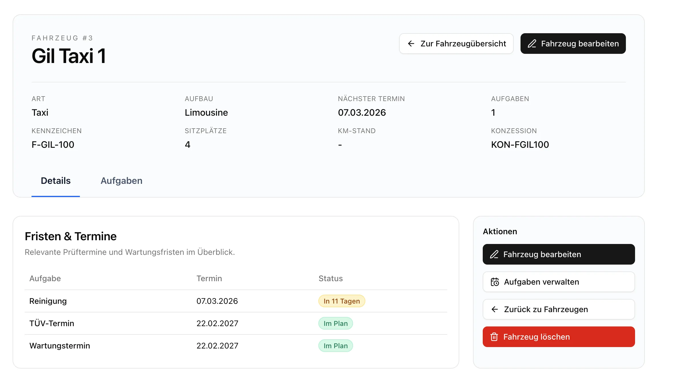 Fahrdienst Software Fahrzeugdetail – Fristen und Termine für TÜV, Wartung und Reinigung mit Statusanzeige