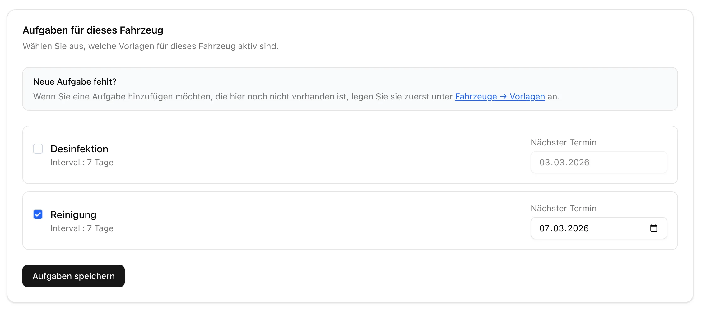 Fahrdienst Software Aufgaben pro Fahrzeug – wiederkehrende Aufgaben mit Intervall und nächstem Termin