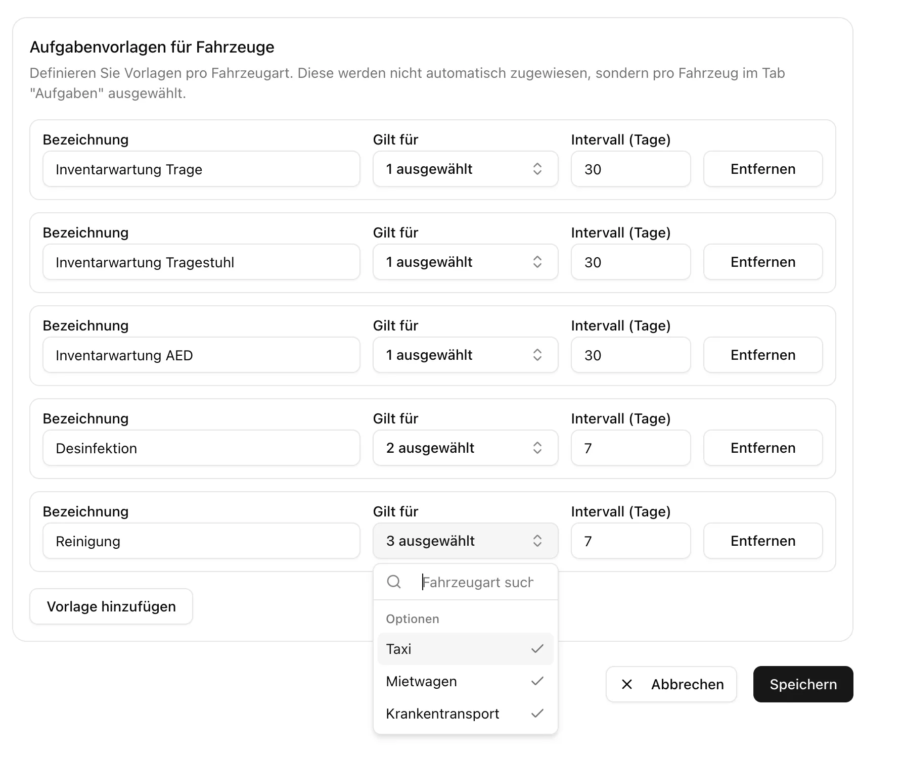 Fahrdienst Software Aufgabenvorlagen – Vorlagen für Fahrzeugtypen definieren mit Intervall und Fahrzeugart