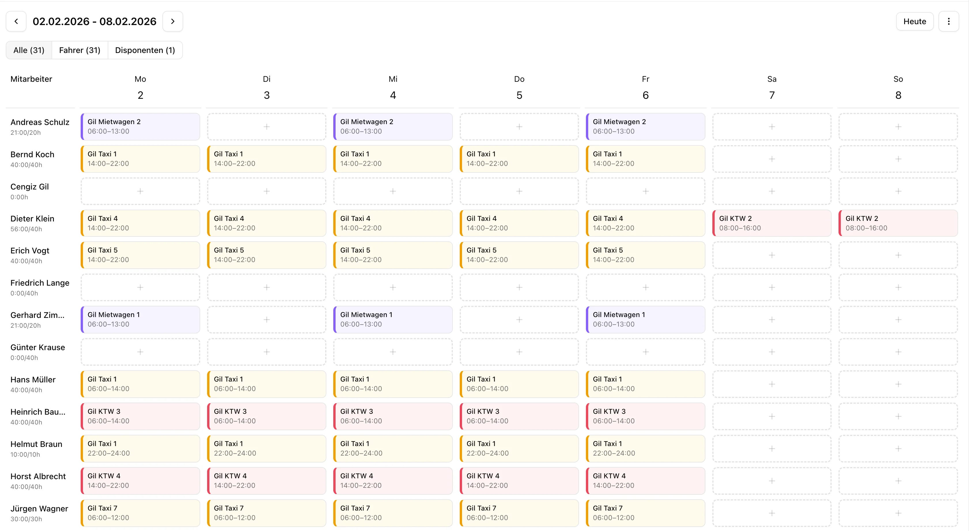 Schichtplanung Taxiunternehmen - Wöchentlicher Dienstplan mit Fahrer und Fahrzeugzuweisung