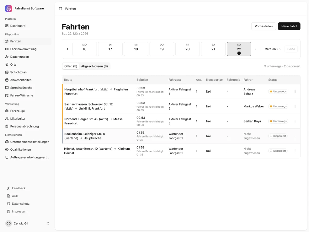 Fahrdienst Software Web-Dashboard mit Fahrtenübersicht