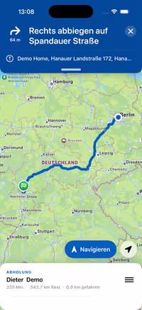 iOS Fahrer-App mit aktiver Navigation zum nächsten Stopp