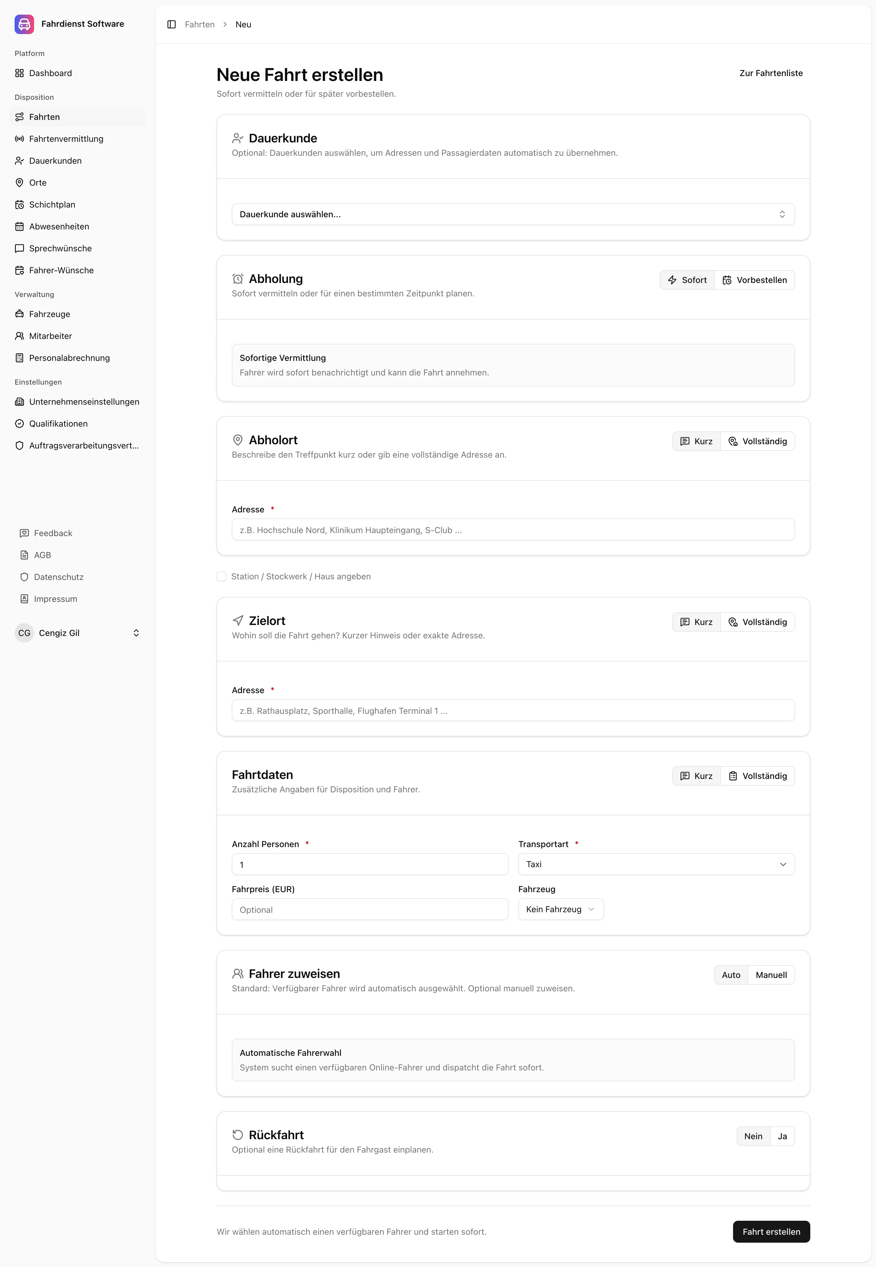 Fahrdienst Software Fahrt erstellen – Formular mit Abholadresse, Zieladresse und Fahrerauswahl