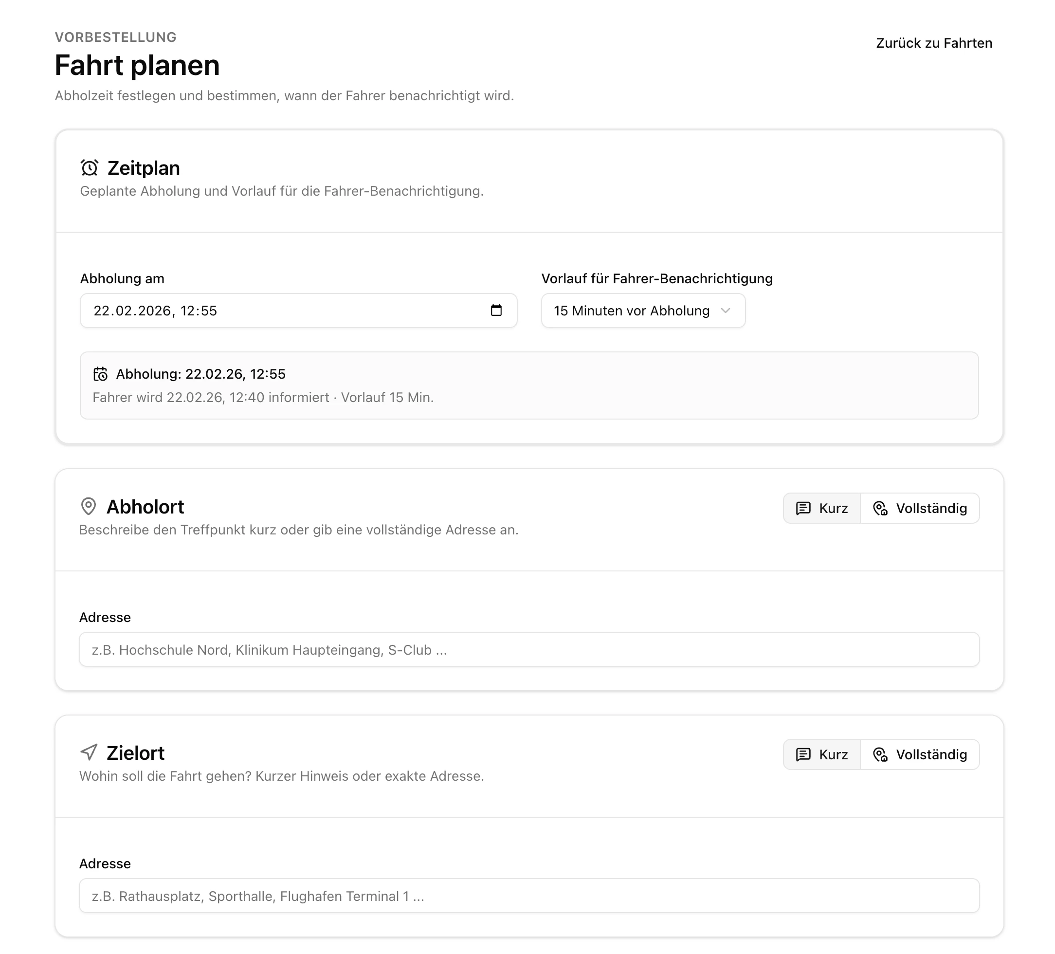 Fahrdienst Software Vorbestellungen - Übersicht geplanter Fahrten mit Datum und Uhrzeit