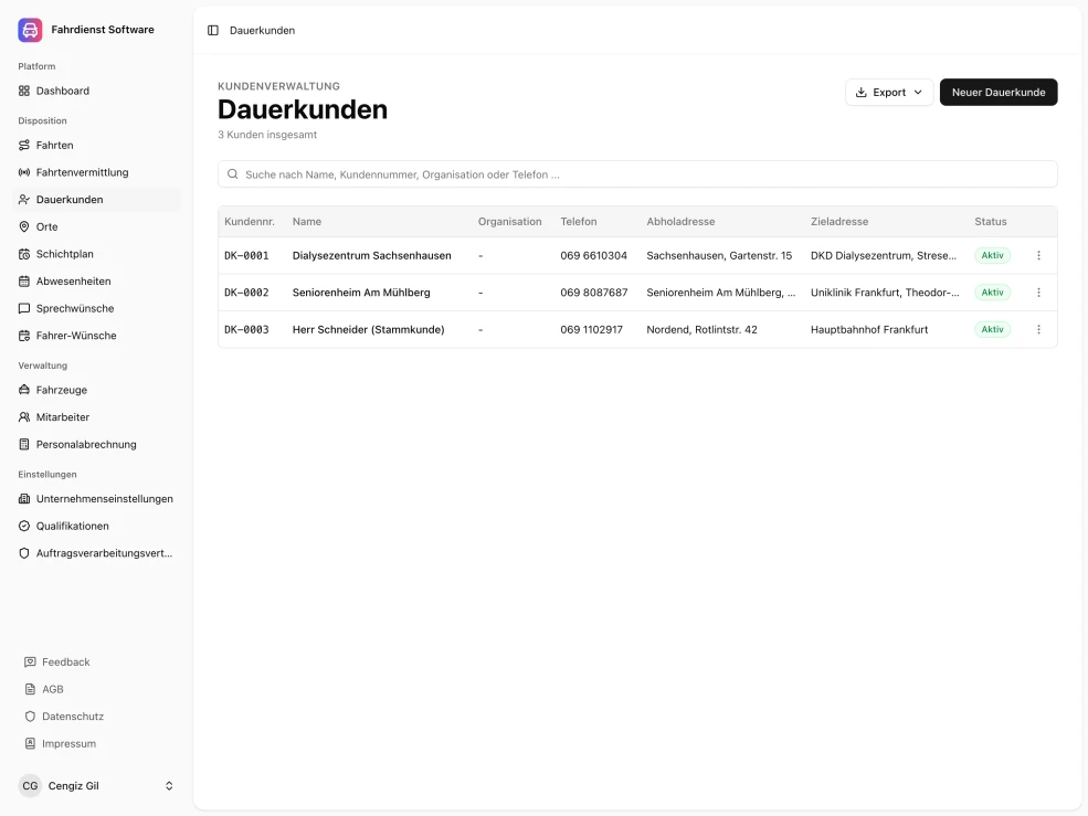Fahrdienst Software Dauerkunden-Übersicht - Dialysezentren, Kliniken und Seniorenresidenzen als wiederkehrende Kunden