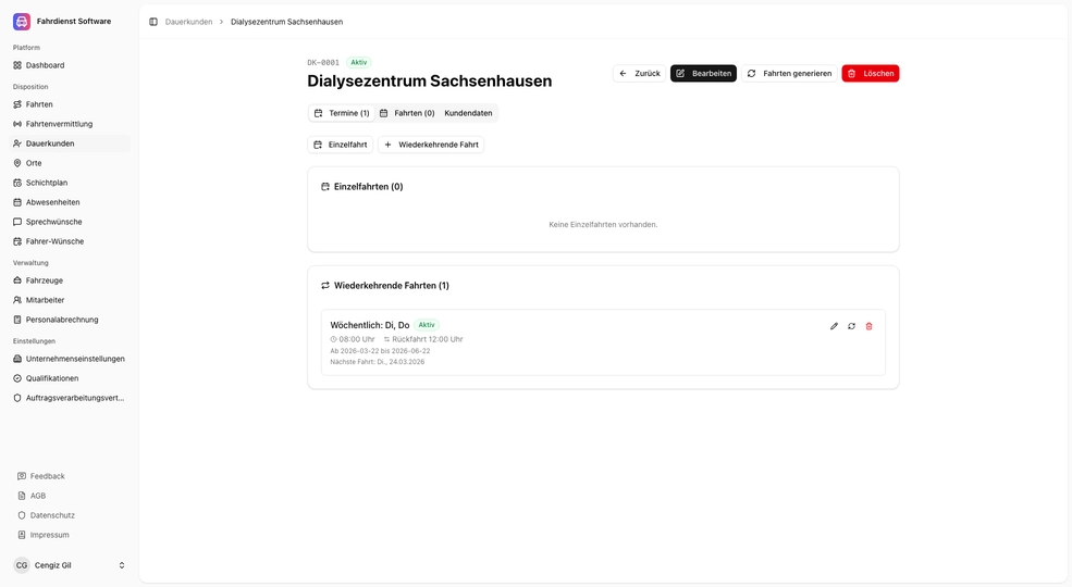Dauerkunde mit wiederkehrenden Krankenfahrten und Rückfahrten
