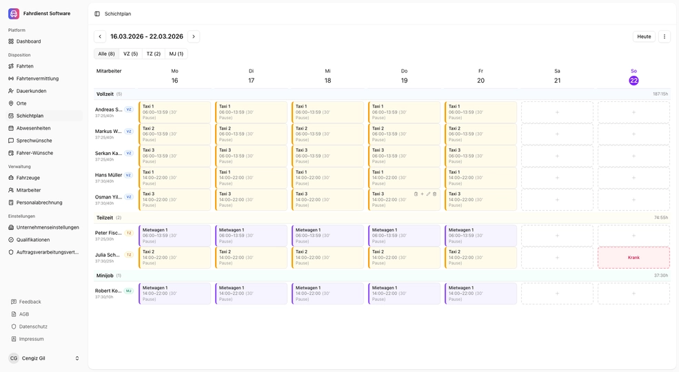 Schichtplan mit Wochenansicht, Fahrern und Fahrzeugen