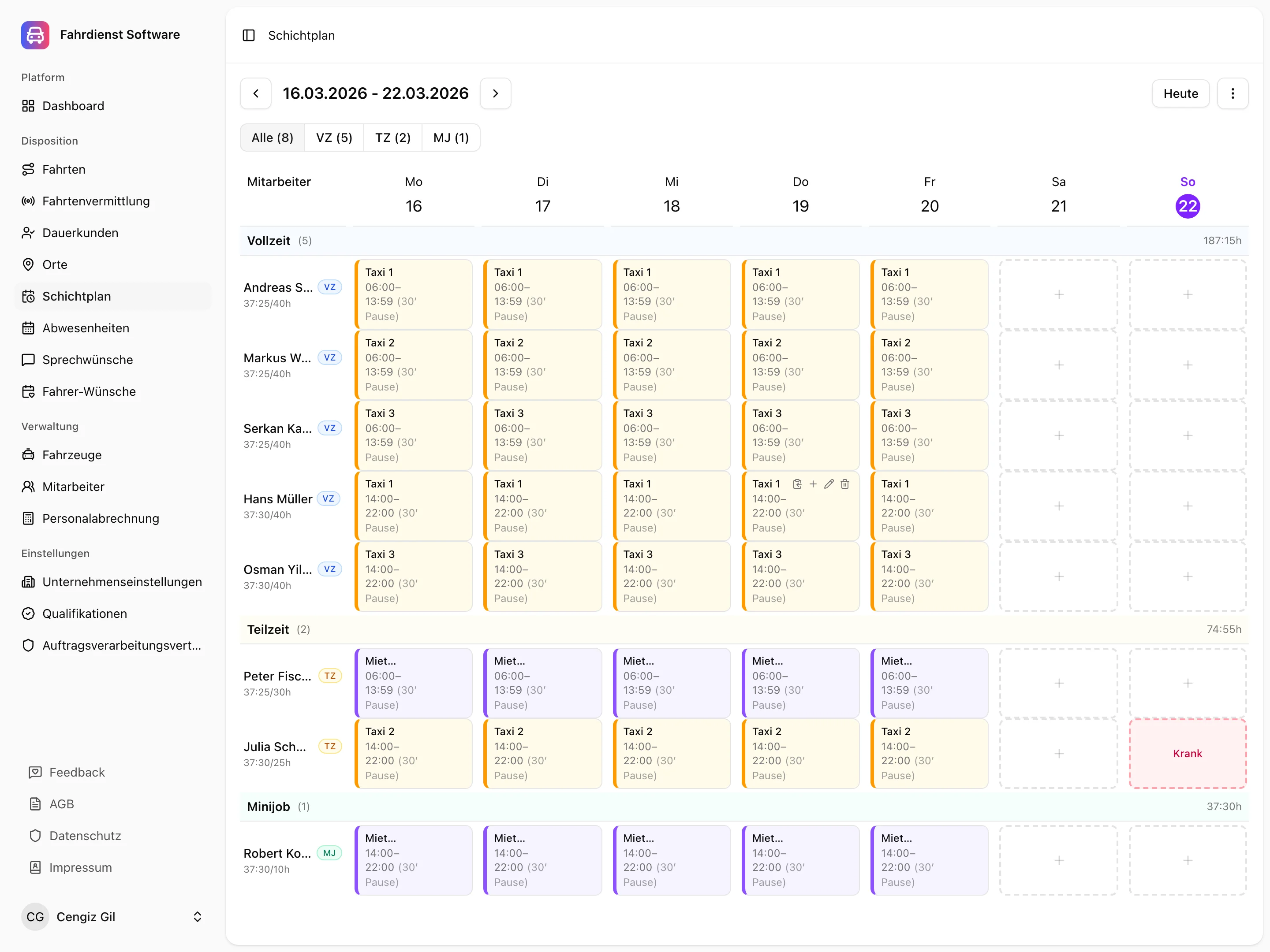 Fahrdienst Software Schichtplan – moderne Wochenansicht mit automatischer Stundenberechnung und Druckfunktion